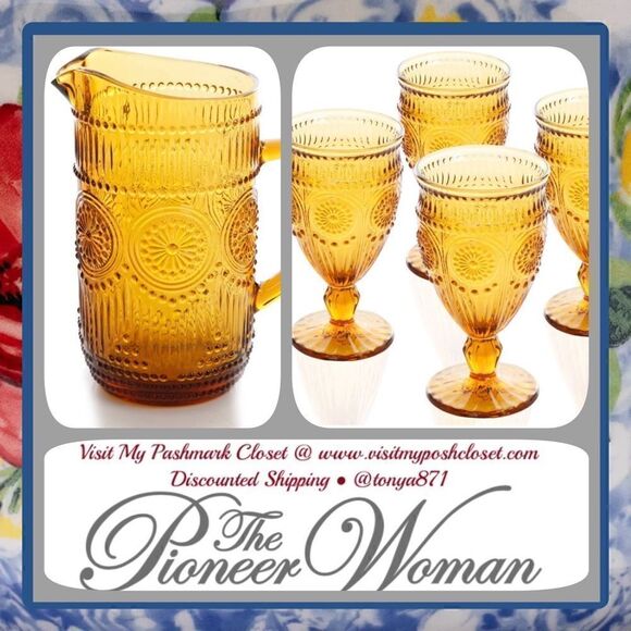 🦋♥️ RARE!! HTF!! Pioneer Woman Adeline Pitcher & 4 Glass Goblets Gift Set - Picture 3 of 12